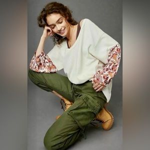 Anthropology NWT Anne Poncho Pullover SM Ivory Oversized Thermal Floral Sleeve